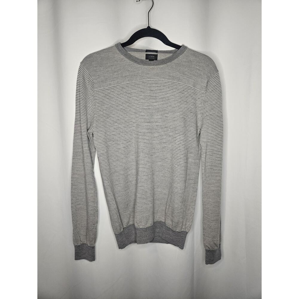 J Crew 100% Merino Wool Striped Grey Sweater Crew Neck Pullover Men's Medium